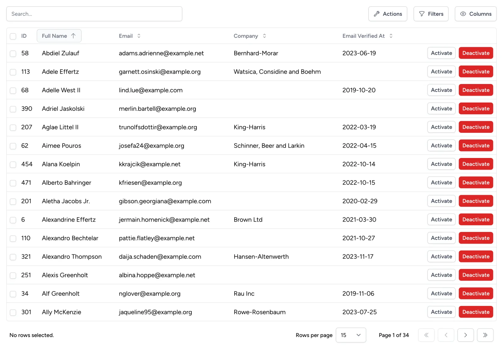 Inertia Table showing a searchable user table with filters and column controls